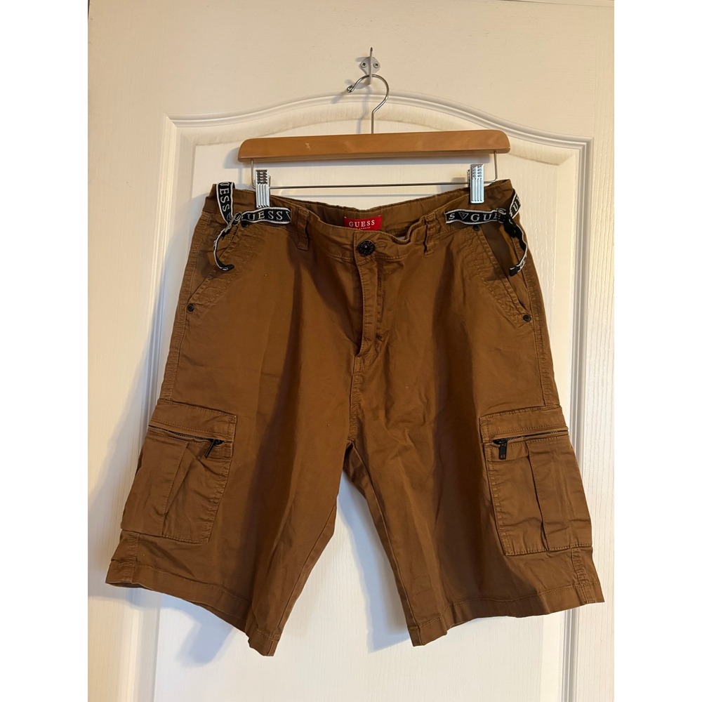 Guess Los‎ Angeles Mens Cargo Shorts Brown Utility Logo Belted Size 36 Casual